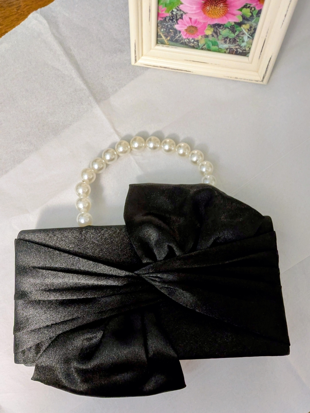 Elegant Black Satin Clutch with Pearl Handle with Silver Chain - Picture 3 of 8